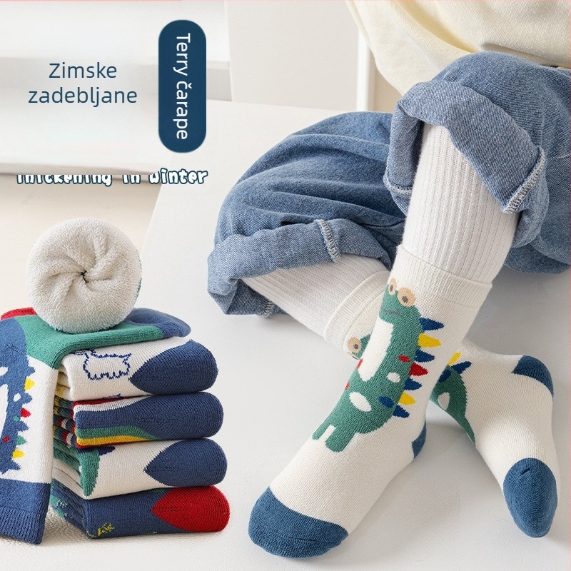 Jesenske i zimske dječje čarape do sredine teleta za dječake i djevojčice, dječje češljane pamučne čarape s crtanim dinosaurima za bebe, veleprodaja studentskih čarapa