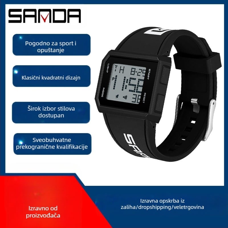 Sanda Aliexpress Popularni kvadratni sat za muškarce i žene s jednim zaslonom, svjetleći elektronički sat za mlade, višenamjenski personalizirani sat
