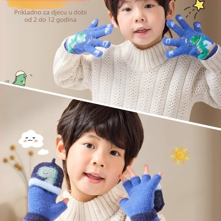Dječje tople jesensko-zimske rukavice s pet prstiju, dinosaurusima i crtanim filmovima za pisanje prstima, za dječake i djevojčice, zimske, s flis podstavom i otporne na smrzavanje.