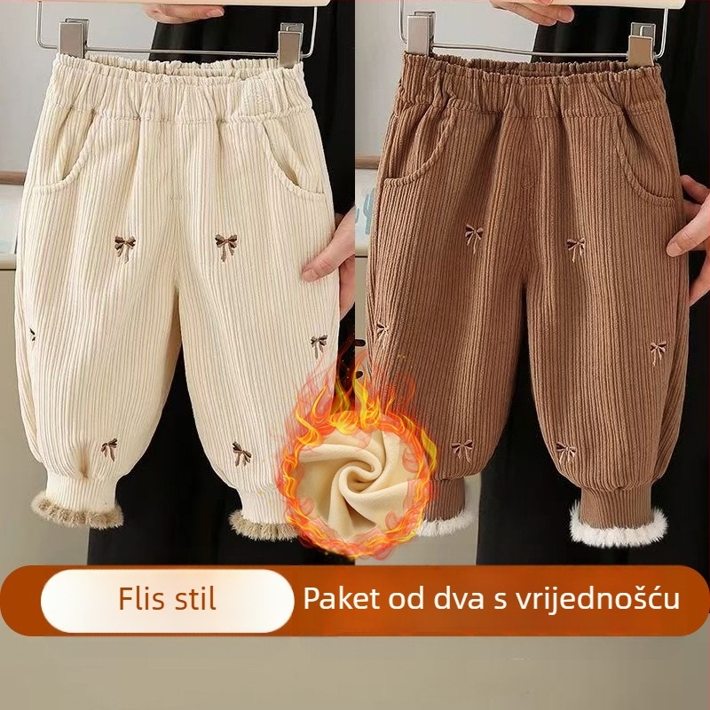 Djevojačke hlače s flis podstavom, jesenske i zimske, zapadnjački stil, ležerne hlače za bebe, dječja zimska odjeća, ležerna vanjska odjeća s zadebljanim nogavicama