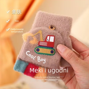 Dječje rukavice za dječake s motivom bagera, jesenske i zimske crtane slatke pletene vunene rukavice s pola prsta, otporne na hladnoću