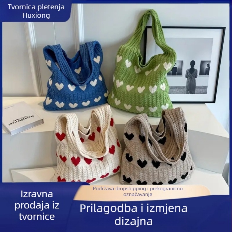 Dopamin Pletena Vuna Nova Ljubavna Torba za Rame Ležerna Torba Velikog Kapaciteta Torba za Kupovanje