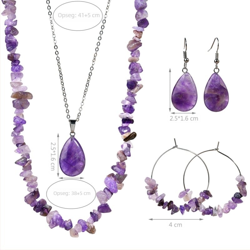 Boemski set od 4 dijela, ogrlica s kapljicom vode, prirodnim kamenom, naušnice, ametist, tigrovo oko, šljunak, nakit, veleprodaja