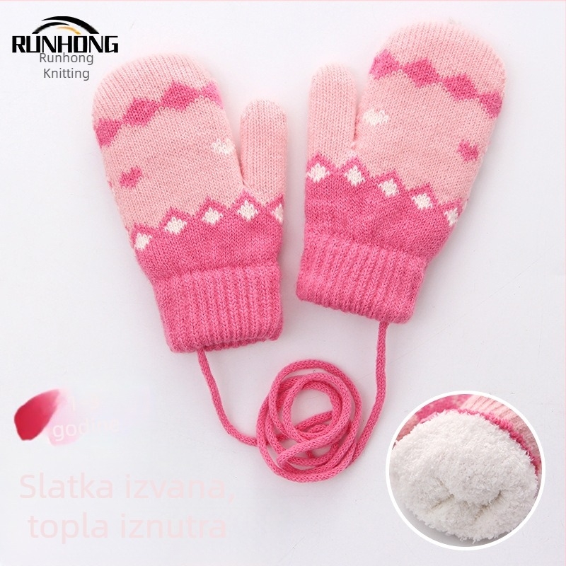 Dvoslojne flisom podstavljene zadebljane vanjske hladnootporne dječje torbe za prste, pletene slatke djevojačke zimske rukavice, dječje tople rukavice