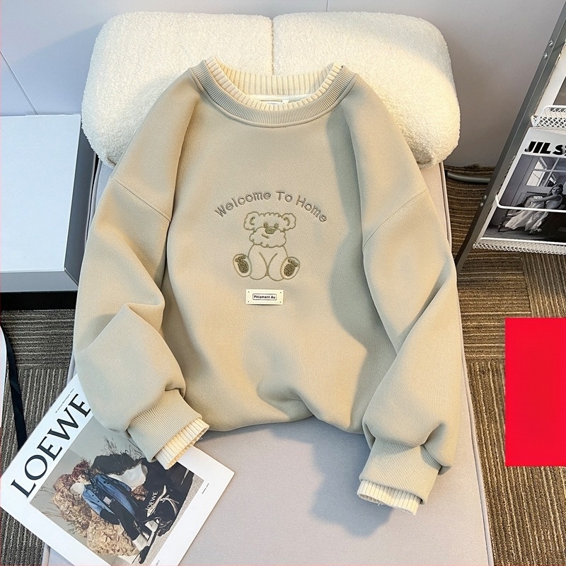 Djevojački pulover s okruglim izrezom i flisom, jesensko-zimski dječji široki top u zapadnjačkom stilu s vunenim ovratnikom, djevojačka zimska osnovna majica