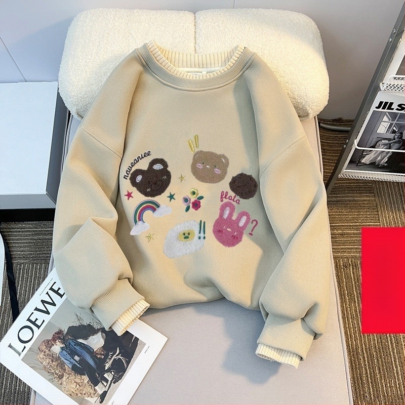 Djevojački pulover s okruglim izrezom i flisom, jesensko-zimski dječji široki top u zapadnjačkom stilu s vunenim ovratnikom, djevojačka zimska osnovna majica