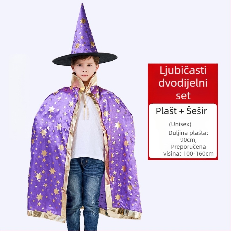 Kostim za vješticu za 1. lipnja za Dječji dan, kostim za predstavu čarobnjačkog plašta, vještičjeg plašta s pet zvjezdica za vješticu