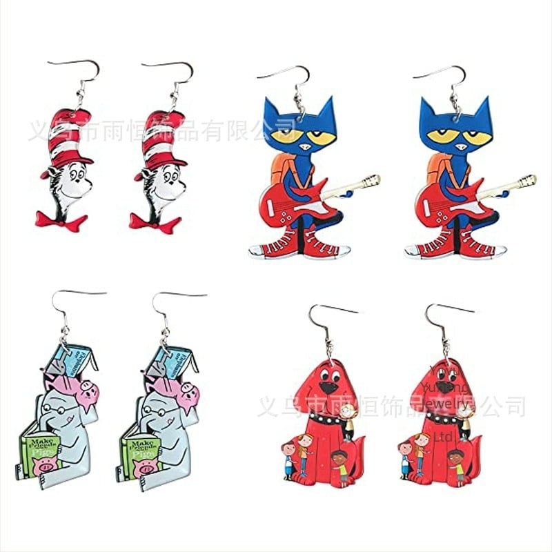 Prekogranične kreativne crtane naušnice s gitarom i crvenom psom za dame i djevojčice, učenice, poklon za povratak u školu, učiteljima i učiteljicama