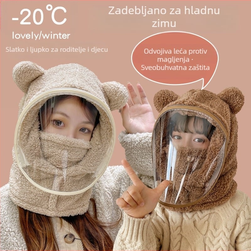 Dječja kapa, vjetrootporna kapa, zimska šal integrirana kapa sa štitnikom za lice, potpuna zaštita lica, biciklistička kapa s medvjedom, otporna na vjetar i topla