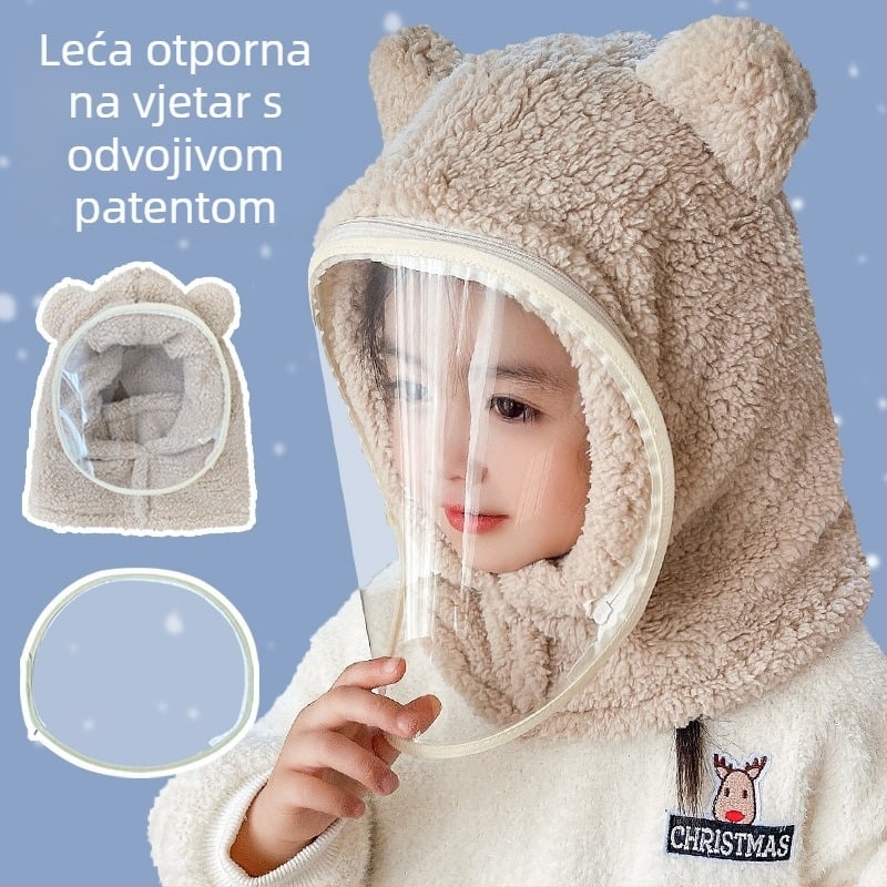 Dječja kapa, vjetrootporna kapa, zimska šal integrirana kapa sa štitnikom za lice, potpuna zaštita lica, biciklistička kapa s medvjedom, otporna na vjetar i topla