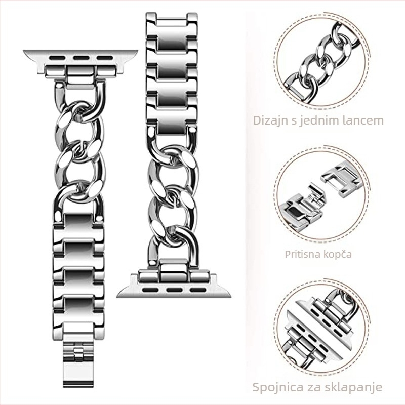 Pogodno za Apple Watch Mali remen od nehrđajućeg čelika u Chanel stilu, traper lanac, metalni remen od jabuke