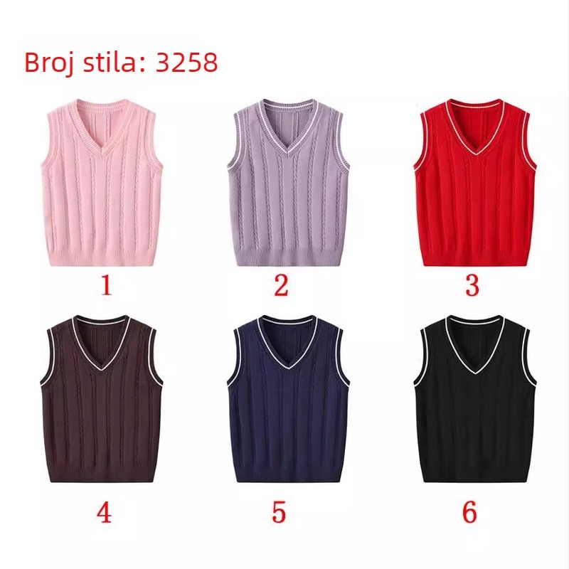 Jesenski i zimski novi pleteni odjevni predmeti s V izrezom za muškarce i žene, djecu srednje i starije dobi, veleprodaja pletenih topova bez rukava u preppy modi s uzorkom konoplje
