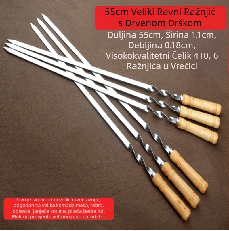 Izravno iz tvornice štap za roštilj od nehrđajućeg čelika, ravni štap za roštilj, čelična bušilica, drvena ručka, veliki ravni štap, alati za vanjski roštilj