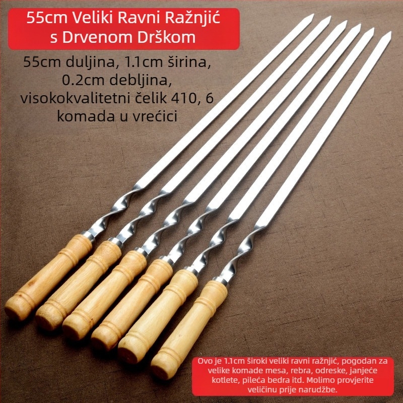 Izravno iz tvornice štap za roštilj od nehrđajućeg čelika, ravni štap za roštilj, čelična bušilica, drvena ručka, veliki ravni štap, alati za vanjski roštilj