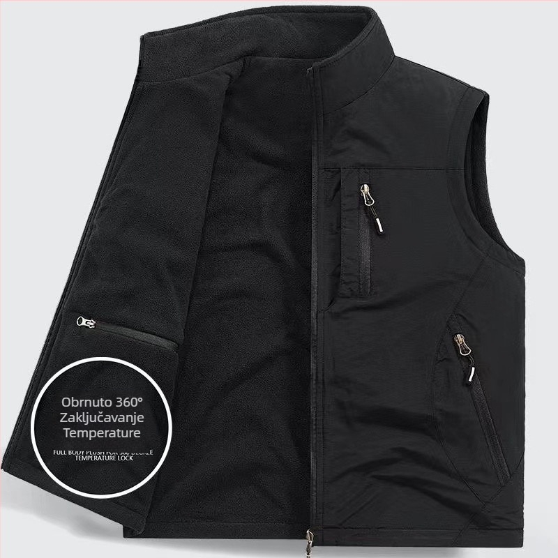 Dvostrani zadebljani prsluk od polarnog flisa s flisom i džepovima, muški, za vanjsku upotrebu, plus size prsluk bez rukava