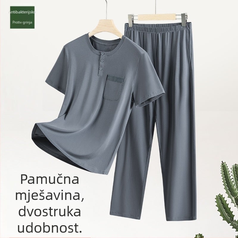 Novi muški set pidžame od modalnog pamuka, jednobojne tanke hlače kratkih rukava, hlače s preklopnim džepovima, kućna odjeća na zalihi