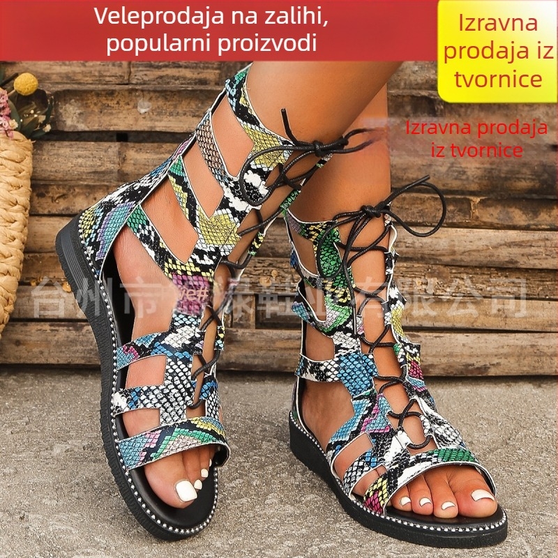 Vanjska trgovina Ljeto Novi stil Ravne sandale s patentnim zatvaračem na leđima Rimske sandale s zakovicama Visoke tajice Ženske izvozne velike ženske čizme
