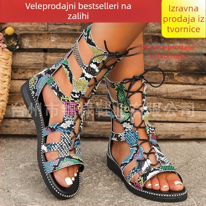 Vanjska trgovina Ljeto Novi stil Ravne sandale s patentnim zatvaračem na leđima Rimske sandale s zakovicama Visoke tajice Ženske izvozne velike ženske čizme