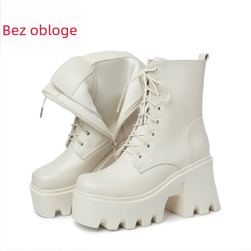 Ženske cipele s debelim potplatom, ultra visokom petom i pamučnim podlogama koje povećavaju visinu, Martin čizme, Ženske čizme od prave kože s podlogom od muffina, vunene čizme na vezanje i pamučnim podlogama, jednoslojne čizme u obliku tube