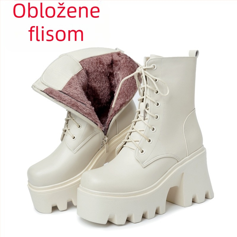 Ženske cipele s debelim potplatom, ultra visokom petom i pamučnim podlogama koje povećavaju visinu, Martin čizme, Ženske čizme od prave kože s podlogom od muffina, vunene čizme na vezanje i pamučnim podlogama, jednoslojne čizme u obliku tube