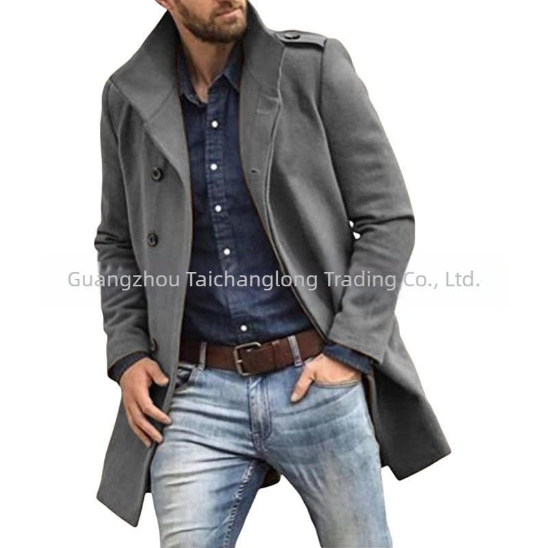 Novi muški jesenski i zimski dugi kaput s ovratnikom i stojećim ovratnikom, jednobojni kaput s grudima, prekogranični muški kaput iz Europe i Sjedinjenih Država
