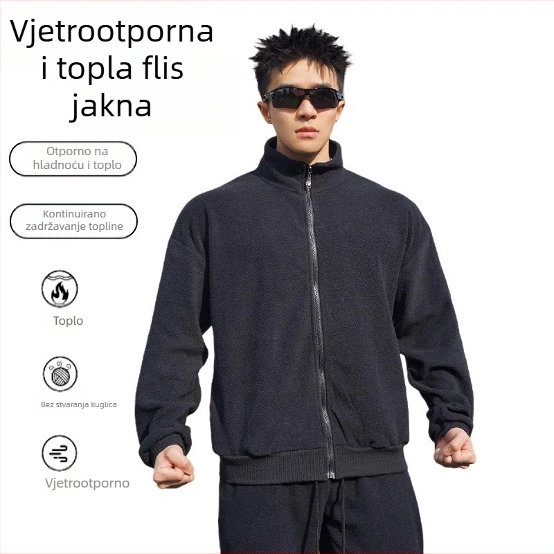 Jesensko-zimsko muško odijelo s flis podstavom, zadebljana majica s kapuljačom, flis jakna, široki patentni zatvarač, moderni fitness top