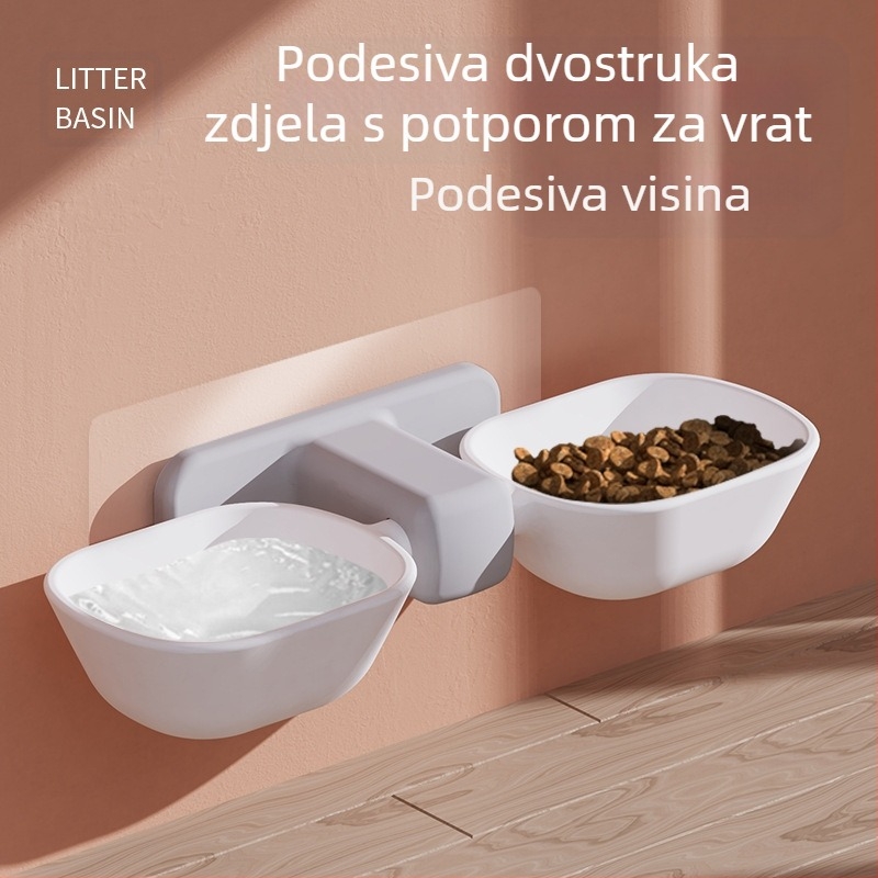 Zidna zdjela za mačke bez probijanja za sprječavanje prevrtanja i zaštitu vratne kralježnice, zdjela za mačju hranu, automatska viseća dvostruka zdjela za pitku vodu za mačke i kućne ljubimce