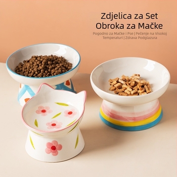 Slatka keramička zdjela za mačke u stilu Ins, visoka zaštita za vrat, kosa usta, zdjela za hranu za pse, zdjela za piće, zdjela za rižu za kućne ljubimce, otporna na udarce