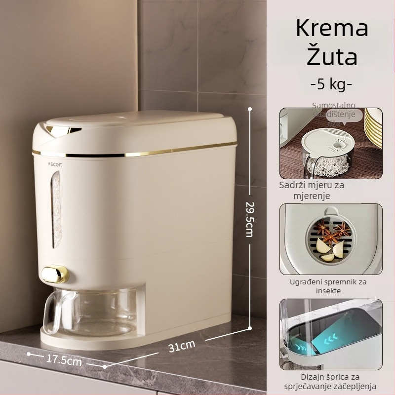 Kanta za rižu, kućanska, zatvorena, otporna na insekte i vlagu, 10 kg, elegantna posuda za skladištenje brašna prehrambene kvalitete, cilindrična kutija za rižu i rezance