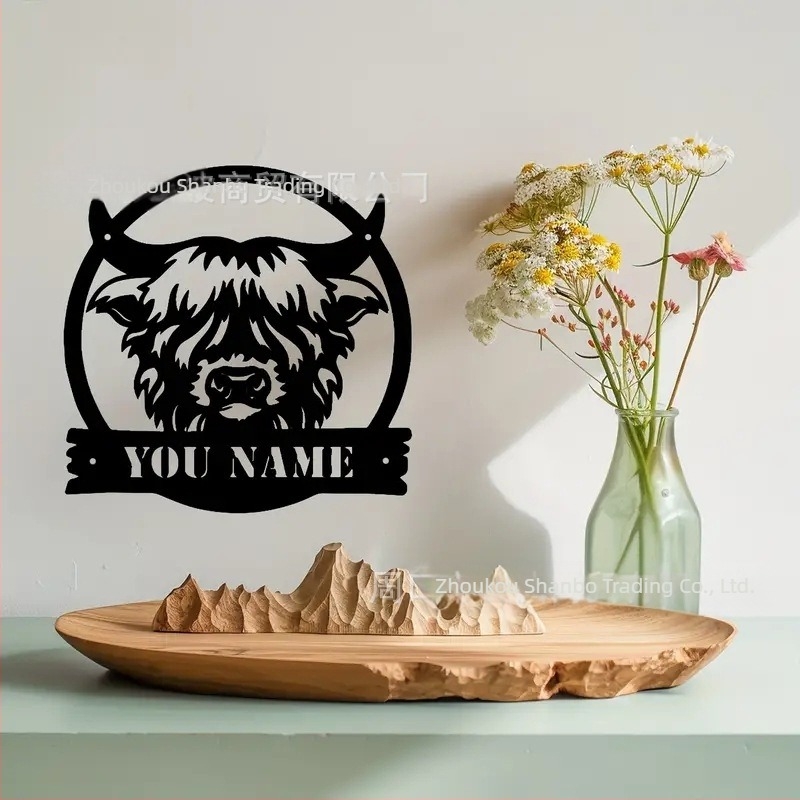 Metalni logotip krave na zidu preko granice, personalizirana seoska umjetnost, moderni ukrasi, pogodni za uređenje doma i farmi