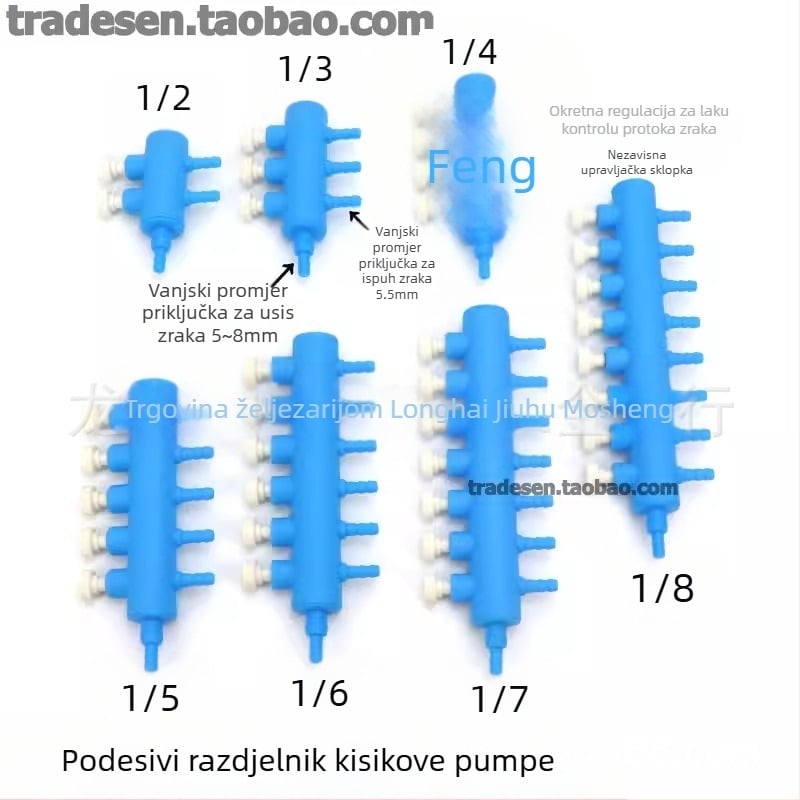 Plastična cijev za kisik u akvariju, pumpa za kisik, regulacijski ventil za volumen kisika, preusmjerivač pumpe za kisik u akvariju