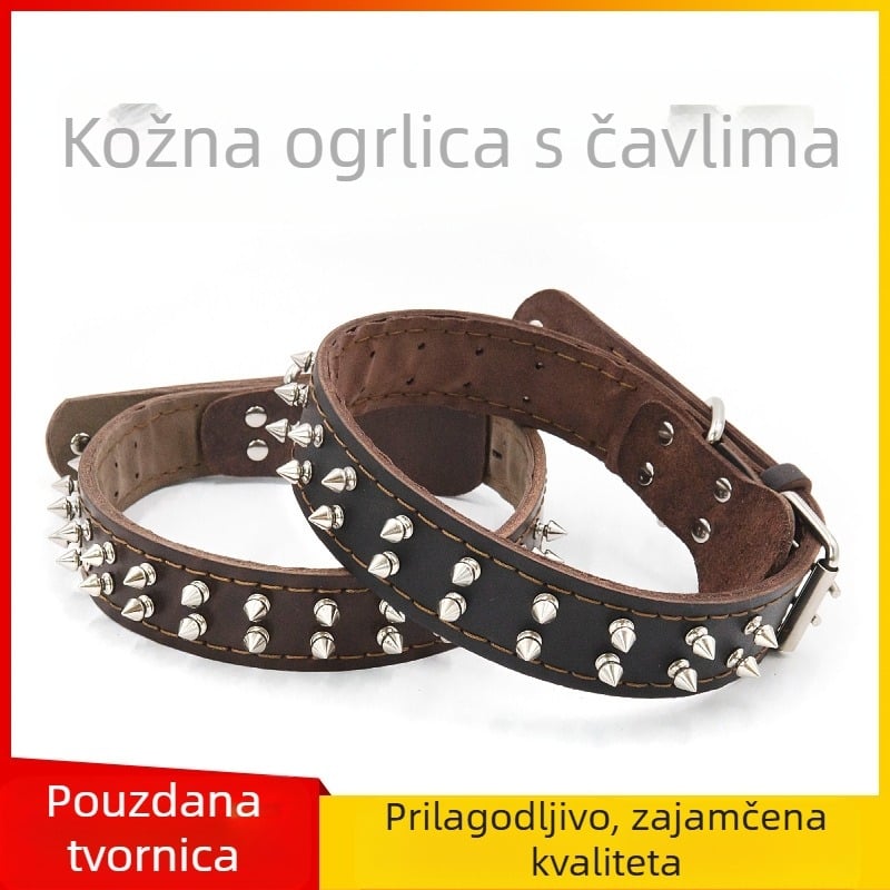 Ogrlica za kućne ljubimce sa šiljastim zakovicama, kožna ogrlica za pse, ogrlica za pse, kožna navlaka za vrat od kravlje kože, protiv ugriza