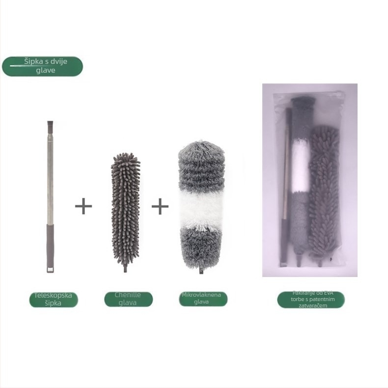 Tvornički nova četka za čišćenje stropa s jednom nogom i dvostrukom glavom od mikrovlakana, produžena, od šenila, s perjem i prašinom
