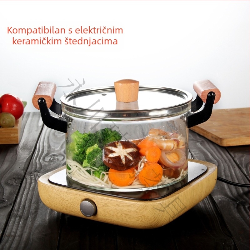 Prozirni borosilikatni lonac s dvostrukim uhom, stakleni lonac s otvorenom vatrom, lonac za juhu, lonac za gulaš, kućanski, otporan na visoke temperature, plinski na paru, otporan na toplinu