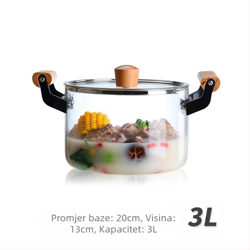 Prozirni borosilikatni lonac s dvostrukim uhom, stakleni lonac s otvorenom vatrom, lonac za juhu, lonac za gulaš, kućanski, otporan na visoke temperature, plinski na paru, otporan na toplinu