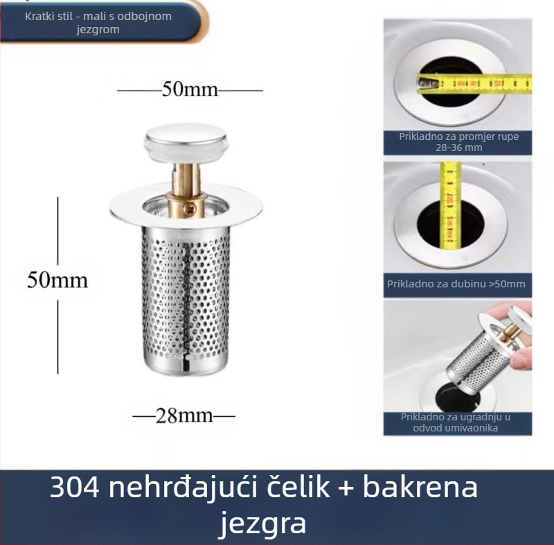 Čep za umivaonik koji propušta, dezodorans od nehrđajućeg čelika, odskočna jezgra, presa, odvod sudopera, univerzalni pribor