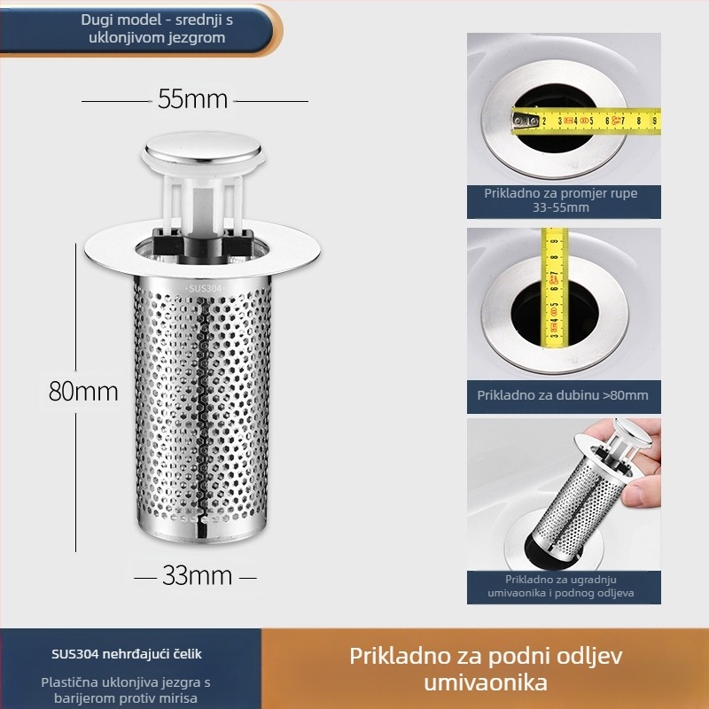 Čep za umivaonik koji propušta, dezodorans od nehrđajućeg čelika, odskočna jezgra, presa, odvod sudopera, univerzalni pribor