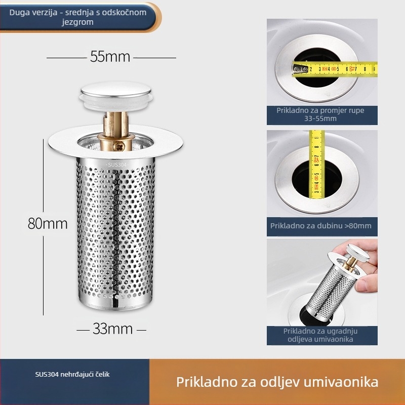 Čep za umivaonik koji propušta, dezodorans od nehrđajućeg čelika, odskočna jezgra, presa, odvod sudopera, univerzalni pribor
