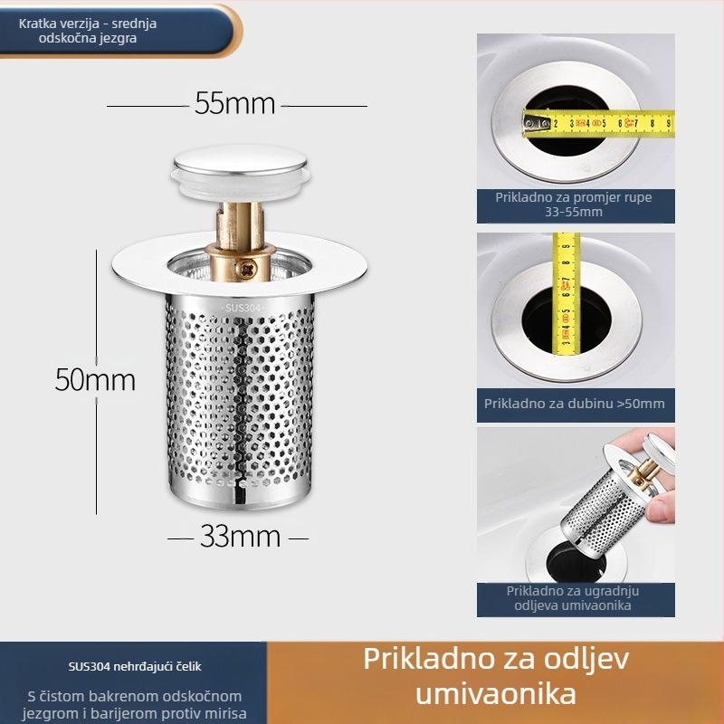 Čep za umivaonik koji propušta, dezodorans od nehrđajućeg čelika, odskočna jezgra, presa, odvod sudopera, univerzalni pribor