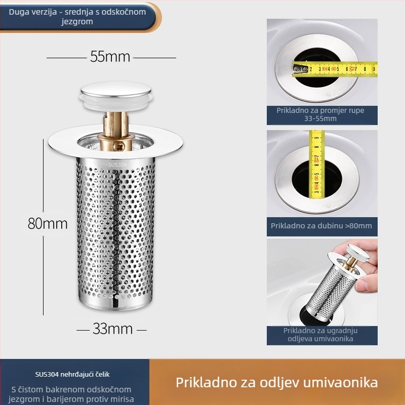Čep za umivaonik koji propušta, dezodorans od nehrđajućeg čelika, odskočna jezgra, presa, odvod sudopera, univerzalni pribor