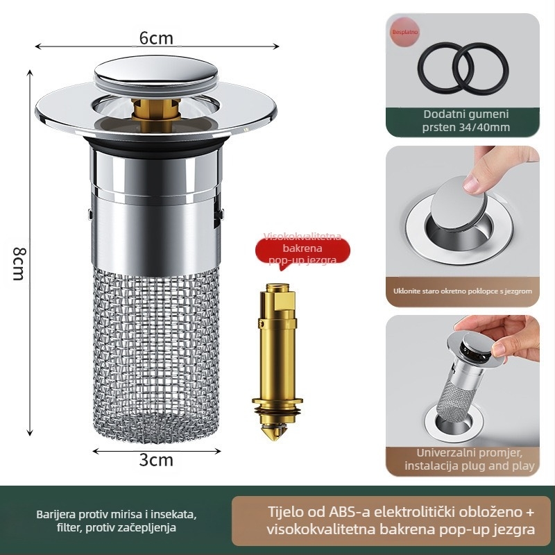 Čep za umivaonik koji propušta, dezodorans od nehrđajućeg čelika, odskočna jezgra, presa, odvod sudopera, univerzalni pribor