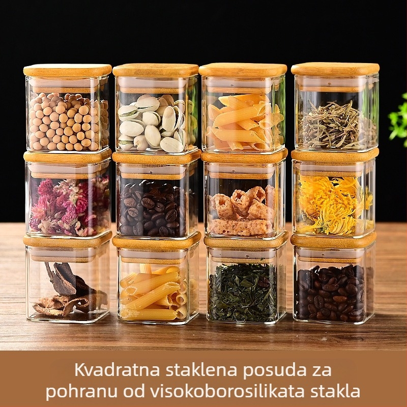 Prekogranična bambusova posuda s poklopcem od 12 komada, kvadratna, biserno pamučna, zatvorena, visoko borosilikatna, toplinski otporna posuda za pohranu na veliko