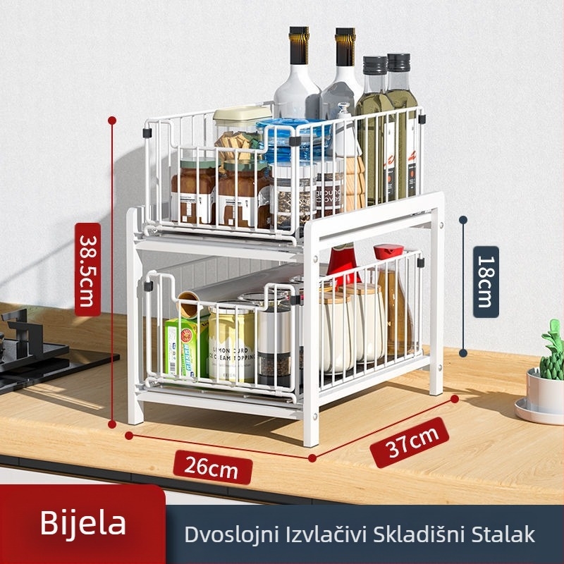 Mali stalak za odlaganje u kuhinji, uski dvoslojni izvlačni donji ormarić za sudoper, polica za odlaganje začina