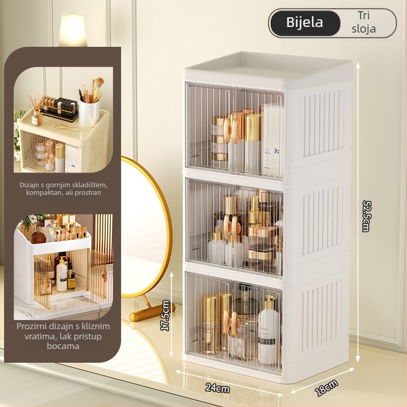 Sklopiva kutija za pohranu bijele kozmetike s dvostrukim vratima, višeslojni stalak za pohranu pribora za kućanstvo, proizvodi za njegu kože, otporni na prašinu