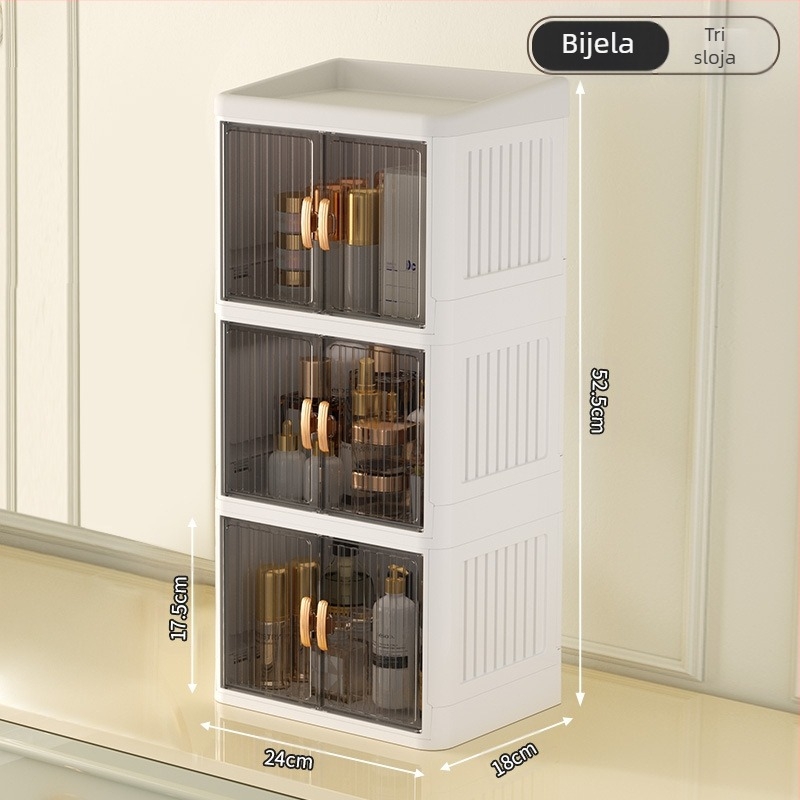 Sklopiva kutija za pohranu bijele kozmetike s dvostrukim vratima, višeslojni stalak za pohranu pribora za kućanstvo, proizvodi za njegu kože, otporni na prašinu