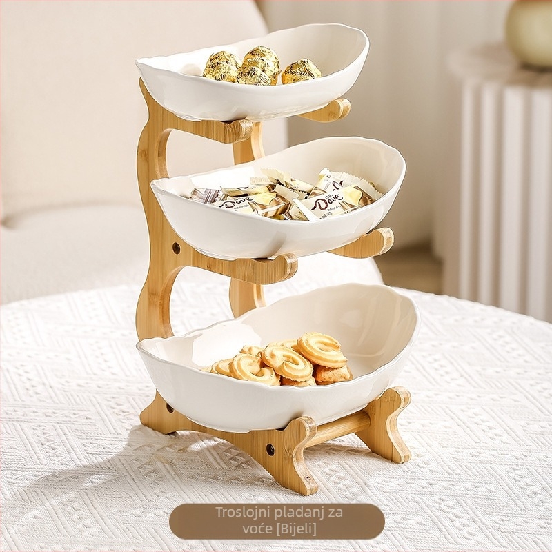 Bambusov višeslojni tanjur za voće, kućanski dnevni boravak, keramički tanjur za suho voće, novi kreativni dvoslojni tanjur za grickalice, 2024.