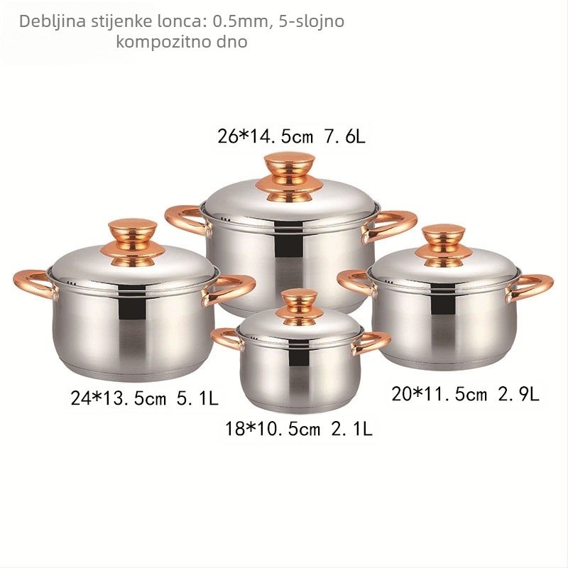 Set lonaca od nehrđajućeg čelika 201 prehrambene kvalitete s zadebljanim dnom od 5 slojeva, lonac za juhu s dvostrukom ručkom, lonac za varivo s čeličnim poklopcem Kv-1086, veleprodaja od proizvođača