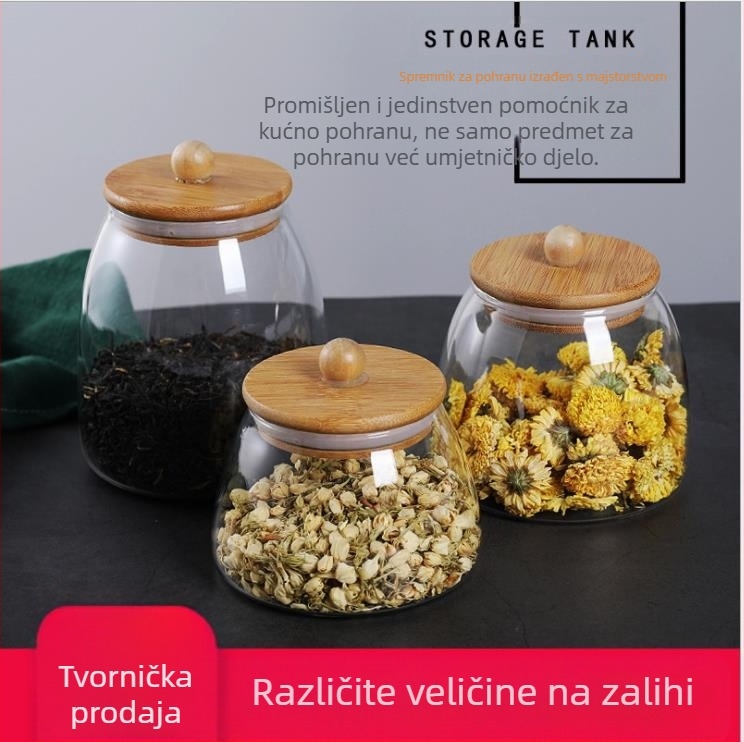 Veleprodaja prozirne zatvorene staklenke staklenke s poklopcem od bambusa i zrnaca staklenke za čaj i pohranu slatkiša u staklenci za kuhinju