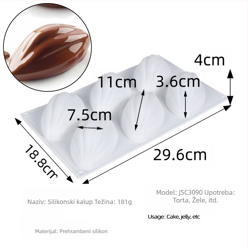 6 čak i velikih kalupa za kakao, trodimenzionalni kalup za čokoladnu mousse, kreativni francuski desertni alat za mljevenje maslina od silikona