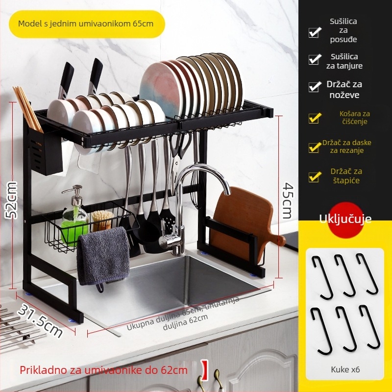 Nehrđajući čelik, crni kuhinjski stalak za sudoper, stalak za odvod noževa, stalak za tanjure i zdjele, stalak za sudoper, zdjela i posuđe, stalak za odlaganje na radnoj površini